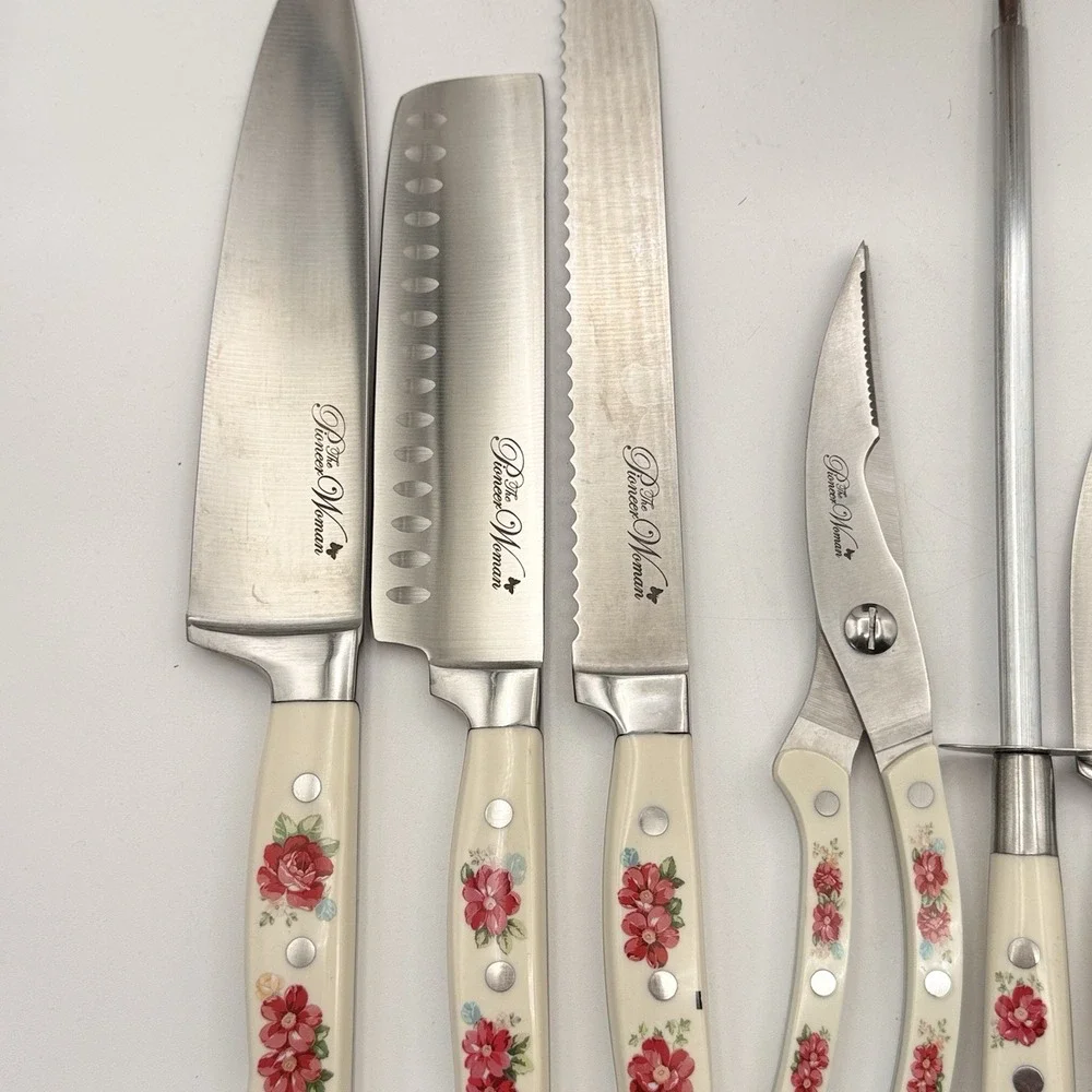 Vtg Pioneer Woman Floral 14-Piece Cutlery Kitchen Set Wood Block Retired #5617